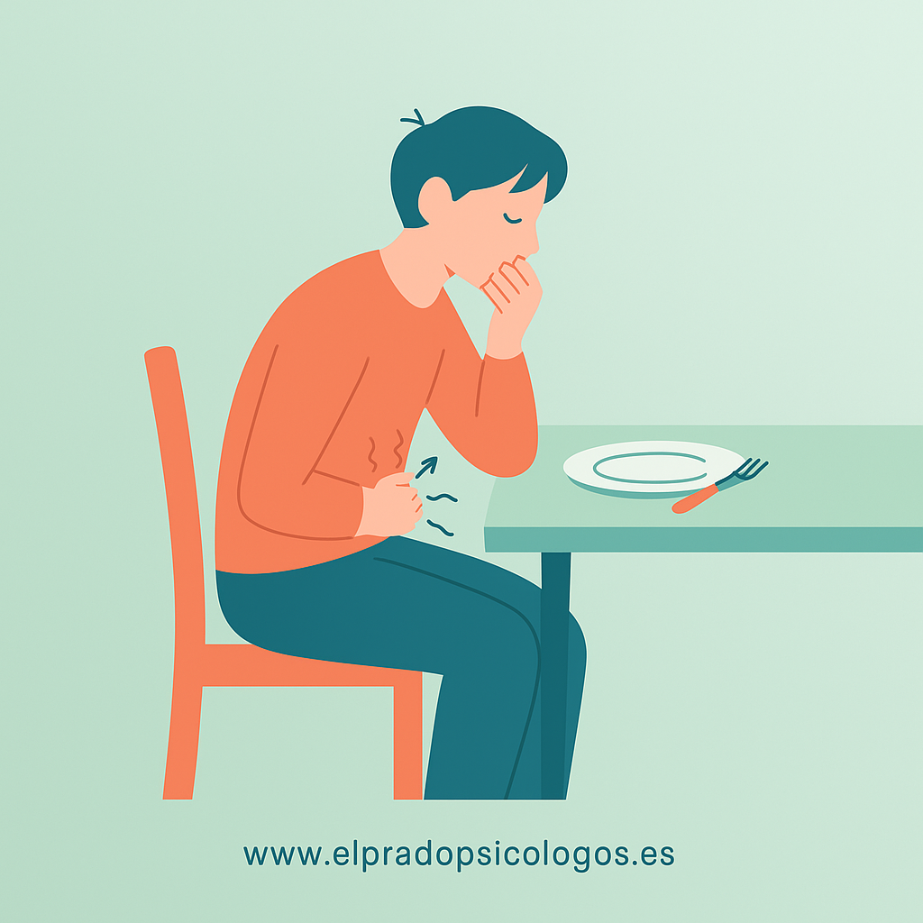 “Ilustración de una persona con malestar tras comer, mano en el estómago y otra en la boca, plato en la mesa; representa el trastorno por rumiación.”